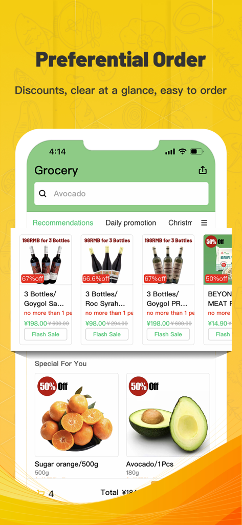 La sezione alimentari dell'app JSS Food Delivery che mostra vino scontato e prodotti freschi in inglese