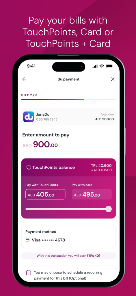 TouchPoints – Loyalty App - Interfaz de la aplicación TouchPoints que muestra el pago de una factura dividido entre puntos de recompensa y una tarjeta de crédito