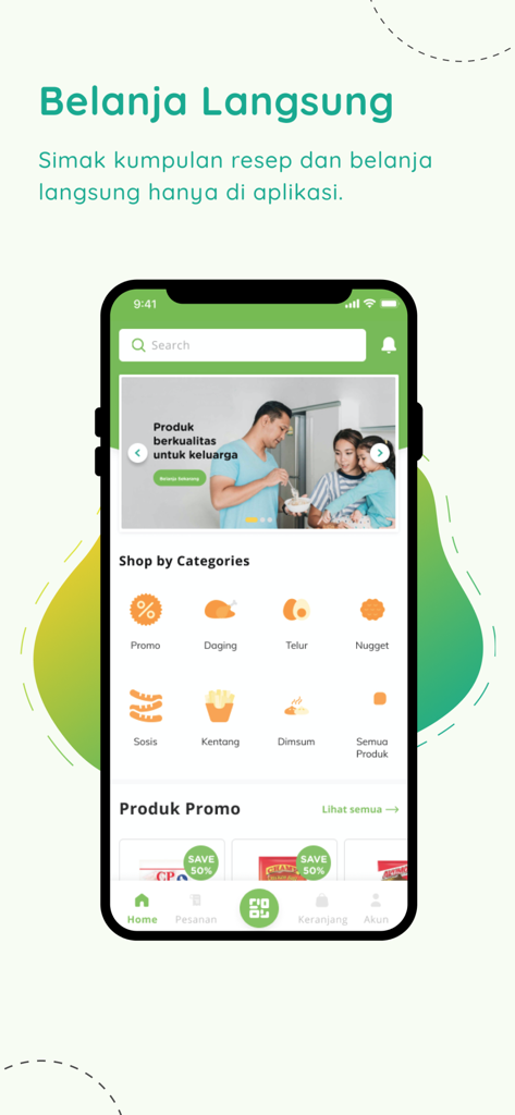 Prima Freshmartモバイルアプリのホーム画面。肉や卵などの食料品カテゴリとプロモーションバナーが表示されています