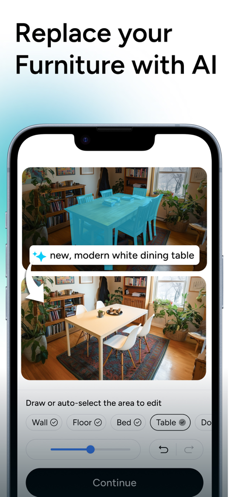AI Home Design - Arch - Una interfaz de aplicación móvil que demuestra cómo reemplazar una mesa de comedor con un diseño blanco moderno utilizando inteligencia artificial.