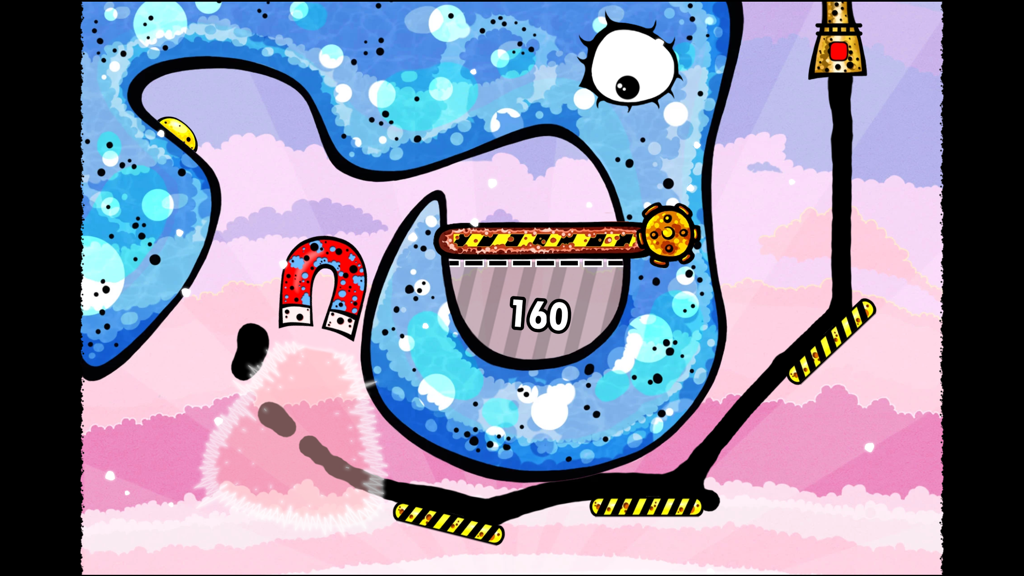 Feed Me Oil - Gameplay screenshot of Feed Me Oil showing a surreal blue creature and a magnet tool being used to direct oil flow.