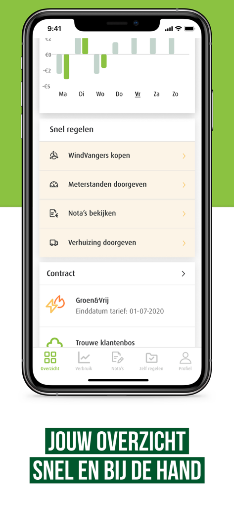 Greenchoice - Panel de la aplicación Greenchoice que muestra gráficos de consumo de energía y enlaces de gestión rápida.
