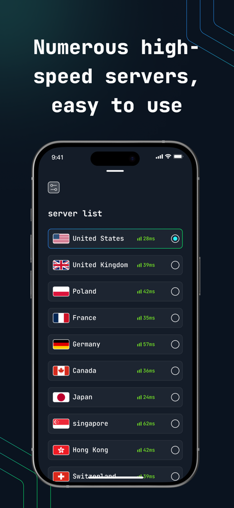 Interface showing a list of high speed global servers for VPN Super Proxy on an iPhone