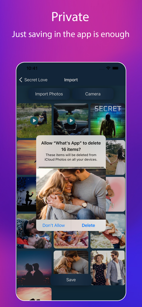 App Lock, Hide App & Lock Apps - Interfaz de una aplicación de bóveda de fotos privada que muestra una solicitud para ocultar y eliminar de forma segura fotos de la biblioteca del dispositivo