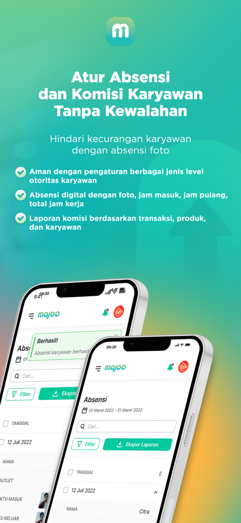 Aplikasi Kasir Wirausaha majoo - 従業員の出勤とコミッションを管理するためのmajooアプリインターフェース