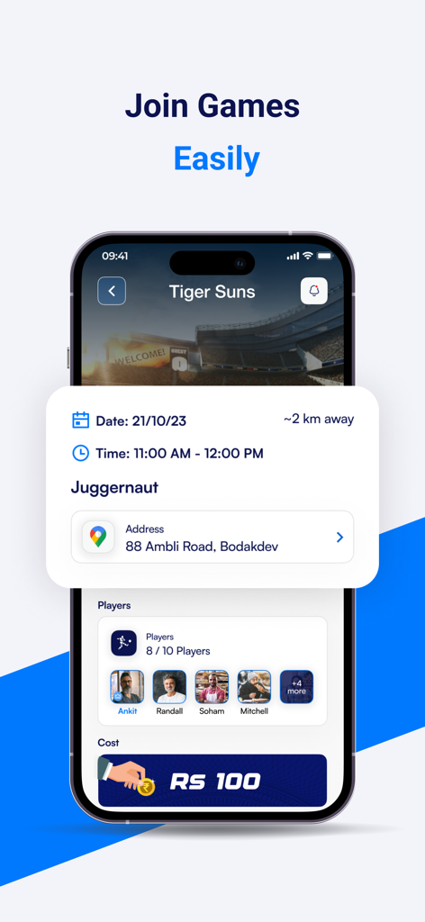 PlayPal Sports - Mobile interface of PlayPal Sports showing game details like date location players and cost to join a sports match