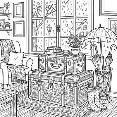 Find warmth and artistic inspiration with our detailed Rainy Day Storage Trunks coloring page. This intricate design invites you to color a cozy indoor scene, perfect for a relaxing escape.