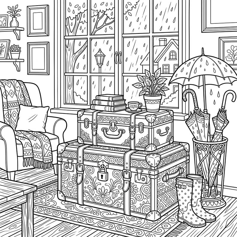 Find warmth and artistic inspiration with our detailed Rainy Day Storage Trunks coloring page. This intricate design invites you to color a cozy indoor scene, perfect for a relaxing escape.