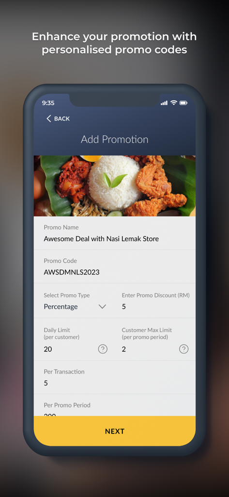Maybank QRPayBiz app interface for setting up business promotions and personalized promo codes
