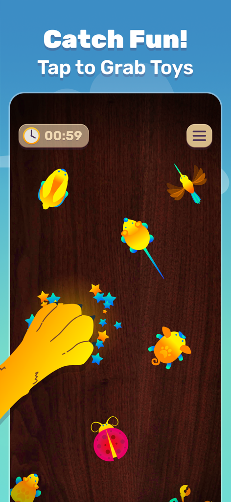 Jolly Dog: Game For Pets - A dog paw catching colorful digital toys on a wooden background in the Jolly Dog pet app