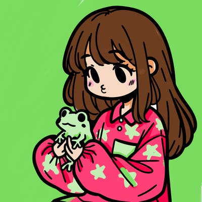 girl with long hair and a oversized shirt. and she is holding a frog