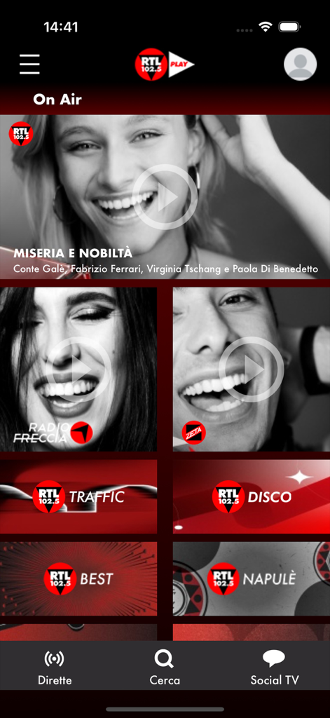 RTL 102.5 PLAY app showing live Italian radio and video channels