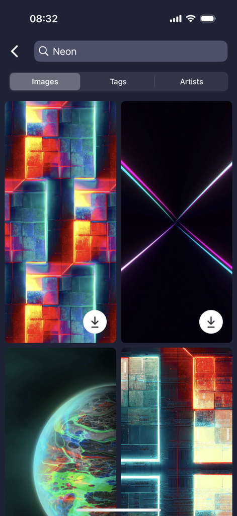 Une interface de recherche dans l'application Walli montrant divers fonds d'écran néon et abstraits en haute définition