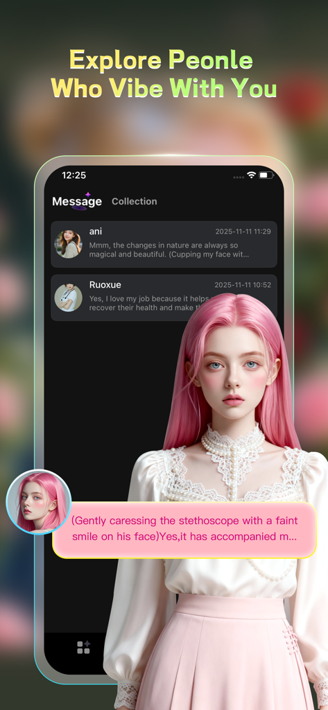 PopAI app interface showing a messaging list and a realistic pink haired AI character