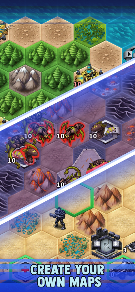 Collage of hex-based strategy game maps with units and the text Create Your Own Maps