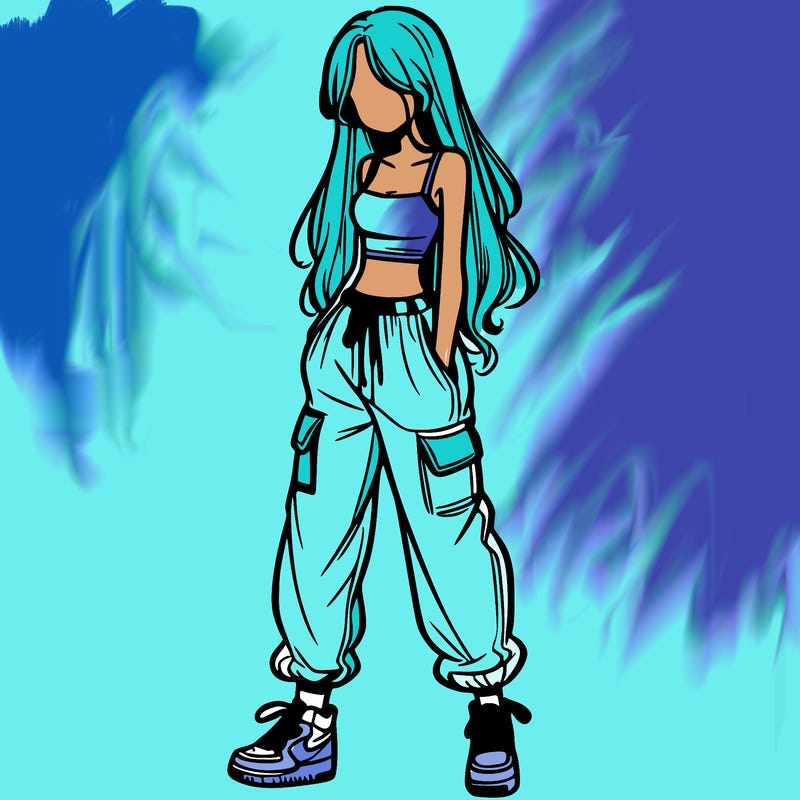 girl in baggy pants crop top and long hair