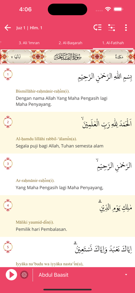 Quran Best Indonesia - Quran Best Indonesia app displaying Surah Al Fatihah with Arabic text and Indonesian translation