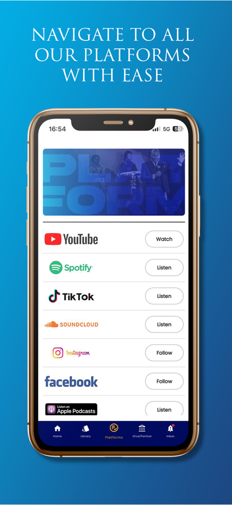 Joshua Sangweni Ministries app platforms screen with social media links