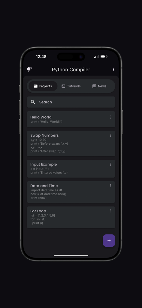Python‎ Compiler - Dashboard di progetti Python e snippet di codice nell'app del compilatore
