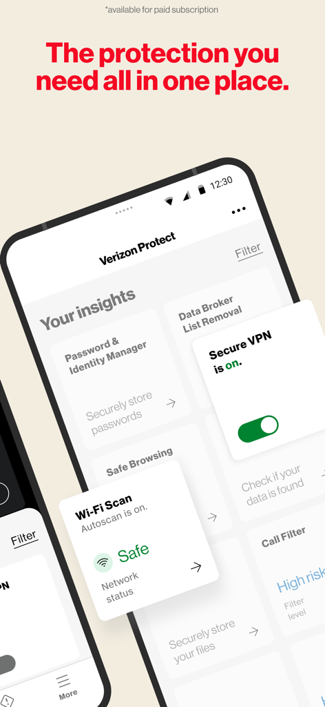 Verizon Protect app interface with VPN and WiFi scan insights