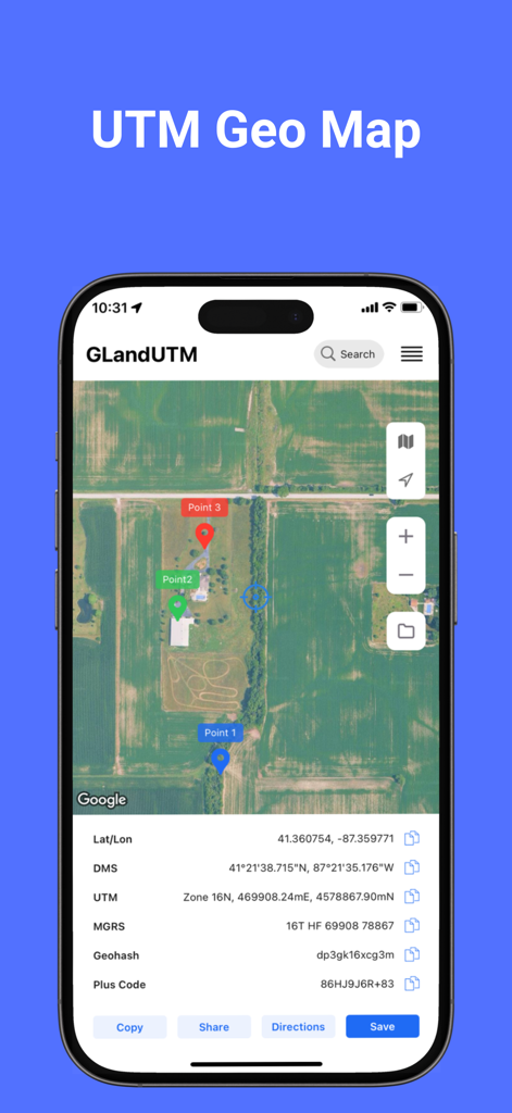 Interfaz de UTM Geo Map que muestra la vista satélite con datos de coordenadas MGRS y UTM