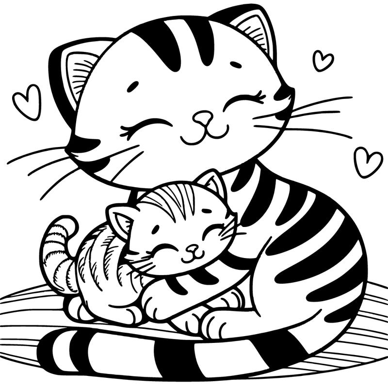a cute cat with stripes cuddling with her kitten