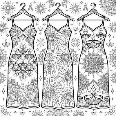 Dive into the joyous spirit of Diwali with this unique coloring page featuring three elegantly designed full slips. Each garment is adorned with intricate patterns inspired by the Festival of Lights, from dazzling fireworks to traditional diyas.