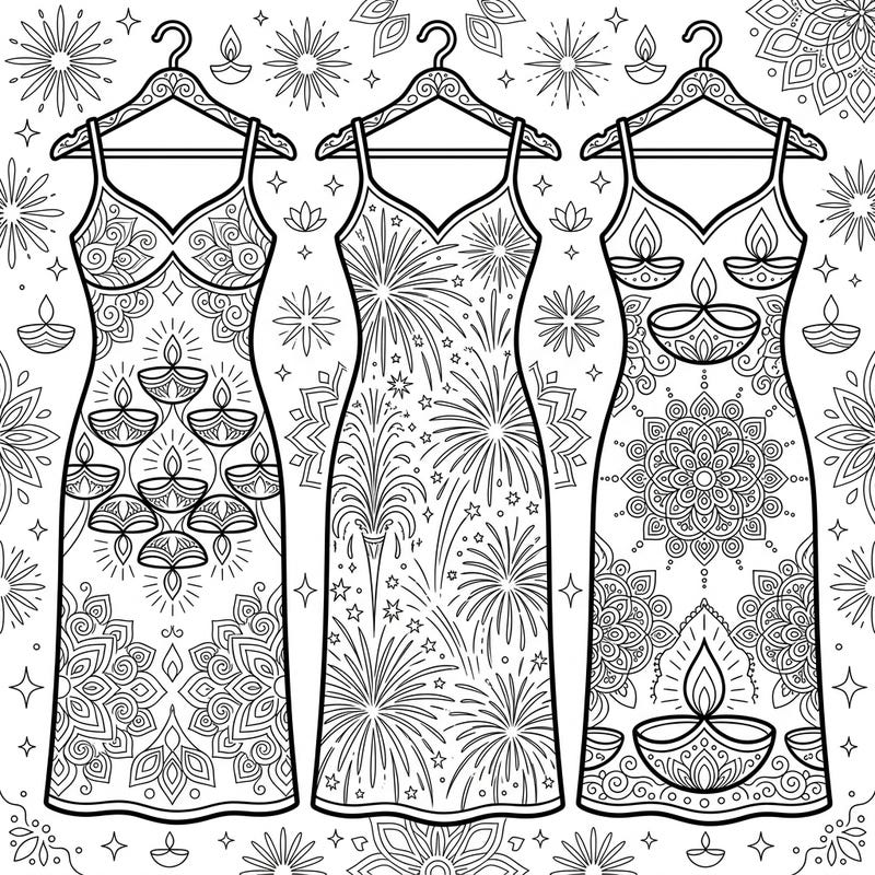 Dive into the joyous spirit of Diwali with this unique coloring page featuring three elegantly designed full slips. Each garment is adorned with intricate patterns inspired by the Festival of Lights, from dazzling fireworks to traditional diyas.