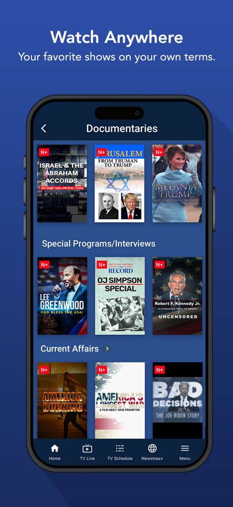 Newsmax-App, die eine Bibliothek von Dokumentationen und speziellen politischen Programmen auf einem iPhone anzeigt