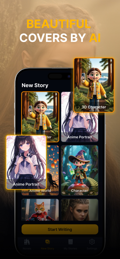 AI Story Generator - Story AI - AI Story Generator app interface showing a selection of beautiful AI generated covers for new stories including anime and 3D character styles