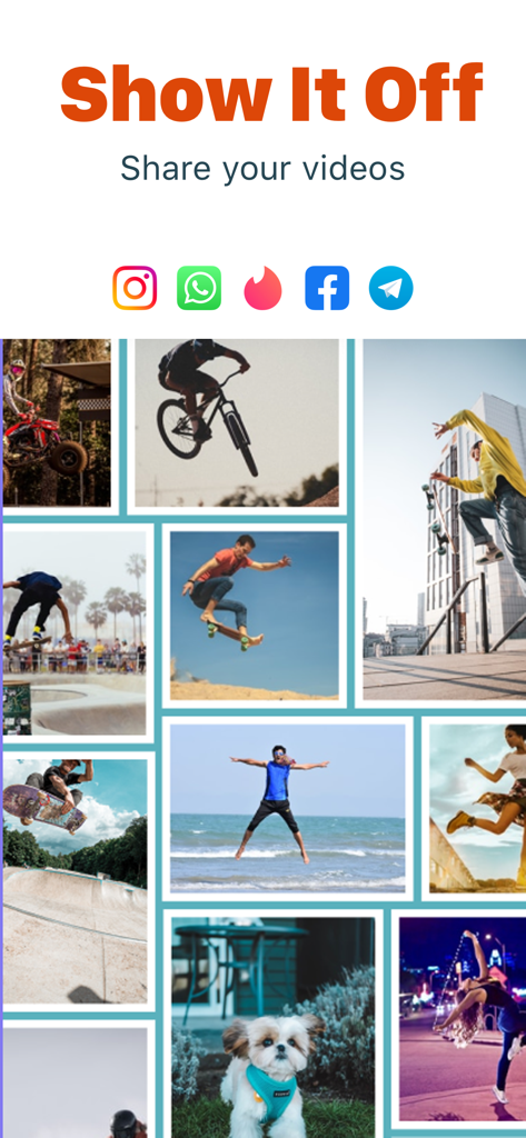 Écran de l'application SloMo présentant les options de partage sur les réseaux sociaux et un collage de vidéos de sports d'action et de style de vie.
