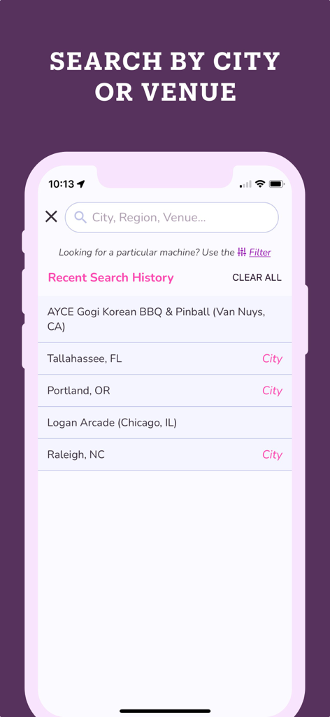 Pinball Map app search screen for finding pinball machines by city or venue.
