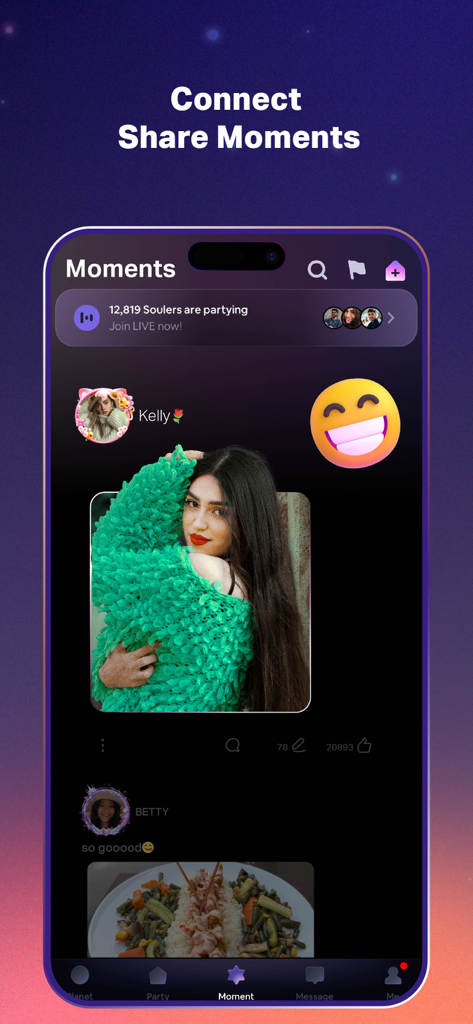 SoulChill app Moments screen showing social posts and community activity.