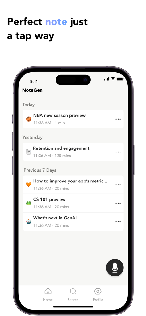 NoteGen - AI Note Taking - Interface of NoteGen app showing a list of organized notes categorized by date with a recording button