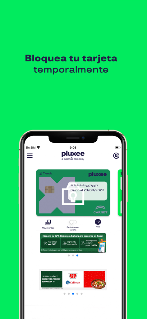 Schermata dello smartphone che mostra l'app Pluxee con la funzione di sicurezza di blocco temporaneo della carta