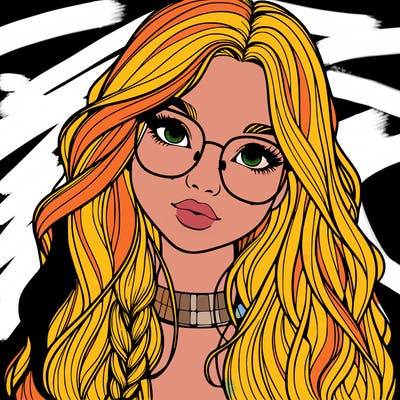 girl with long hair and freckles and glasses realistic