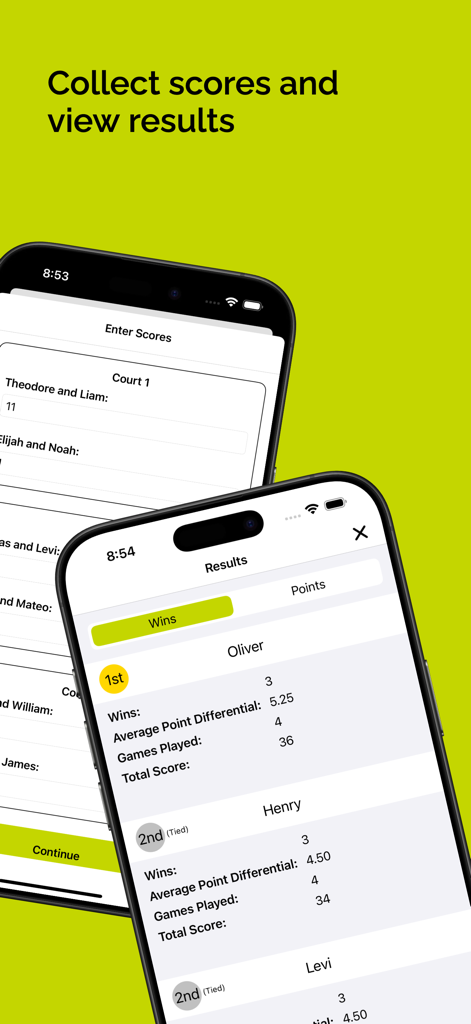 Pickleball Pro - Score entry and match results leaderboard on Pickleball Pro app