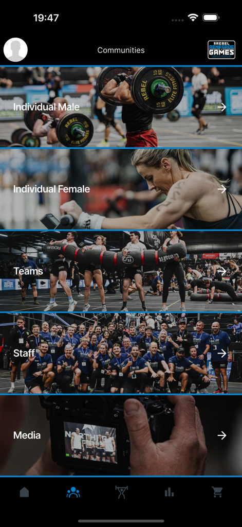 Community selection screen in the Rebel Renegade Games app featuring CrossFit categories for individuals, teams, and staff