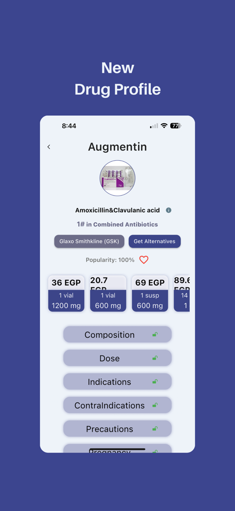 Medinfo: Medical Information - Screenshot of the Medinfo app displaying a detailed drug profile for Augmentin including active ingredients and pricing