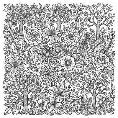 Immerse yourself in nature with this stunning botanical adult coloring page. Discover a dense tapestry of intricate flowers, lush leaves, and elegant trees, ready for your creative touch.