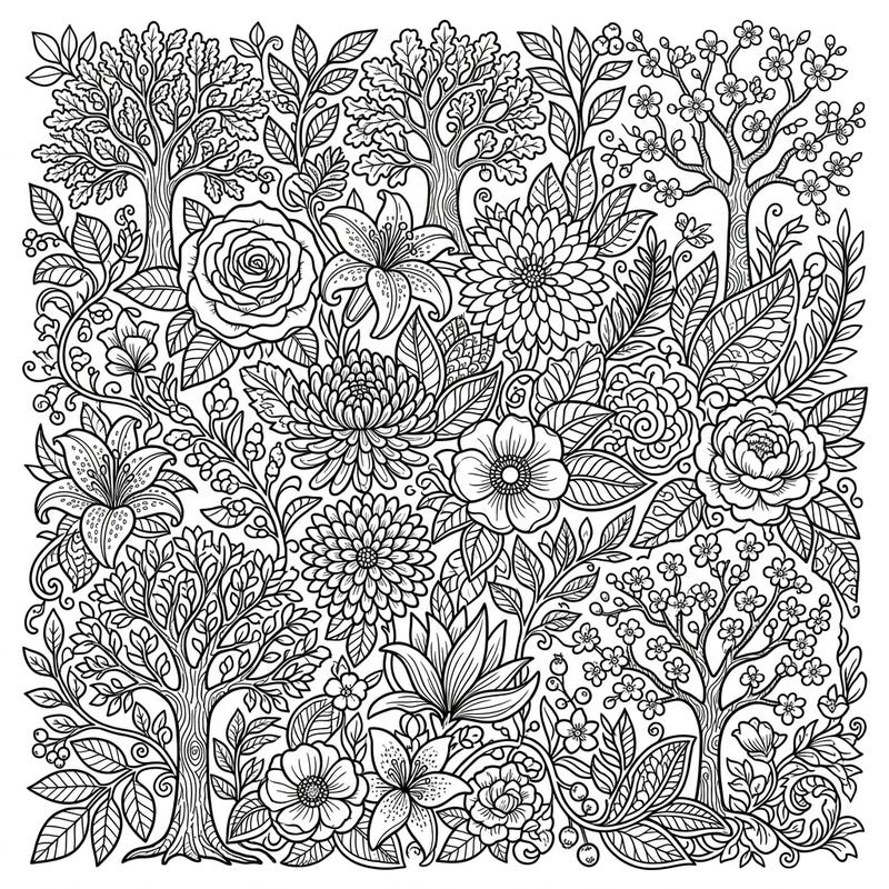 Immerse yourself in nature with this stunning botanical adult coloring page. Discover a dense tapestry of intricate flowers, lush leaves, and elegant trees, ready for your creative touch.