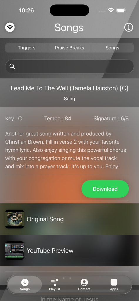 XME TRIGGERS - XME Triggers app interface showing worship song details including key, tempo, and download button.