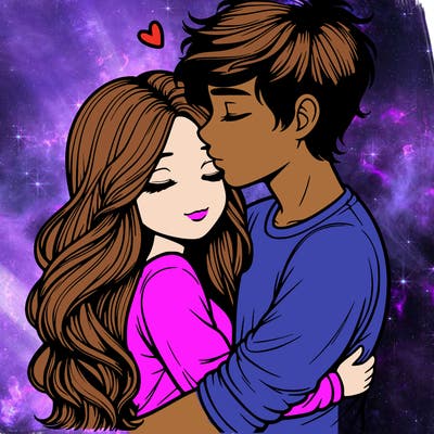 a realistic couple boy and girl hugging and kissing