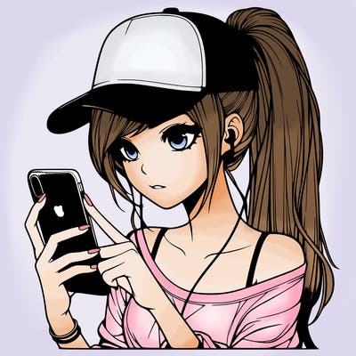 realistic girl with a long ponytail and trucker hat holding an iphone