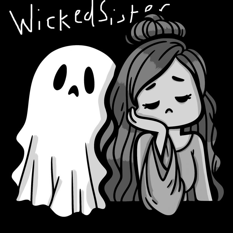 bored girl ghost with long hair half out and half in a bun and a long dress