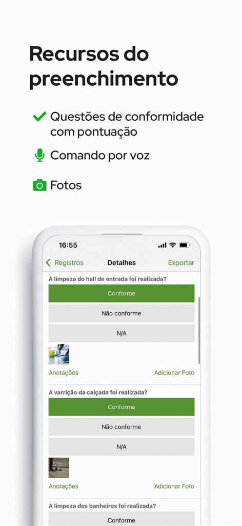 Produttivo: Ordem de Serviço - Mobile app screen showing digital checklist features including compliance scoring, voice commands, and photo attachments for field service reports.