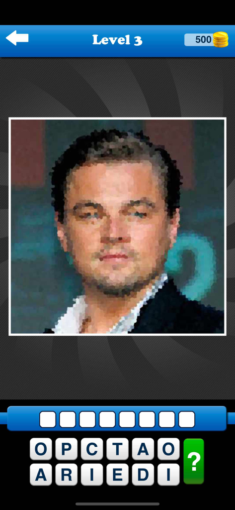 Guess the Celebrity Quiz Game - A level from the Guess the Celebrity Quiz Game showing a picture of Leonardo DiCaprio and a letter grid to solve his name