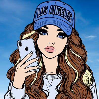 realistic beautiful girl wearing los ángeles cap holding an iphone