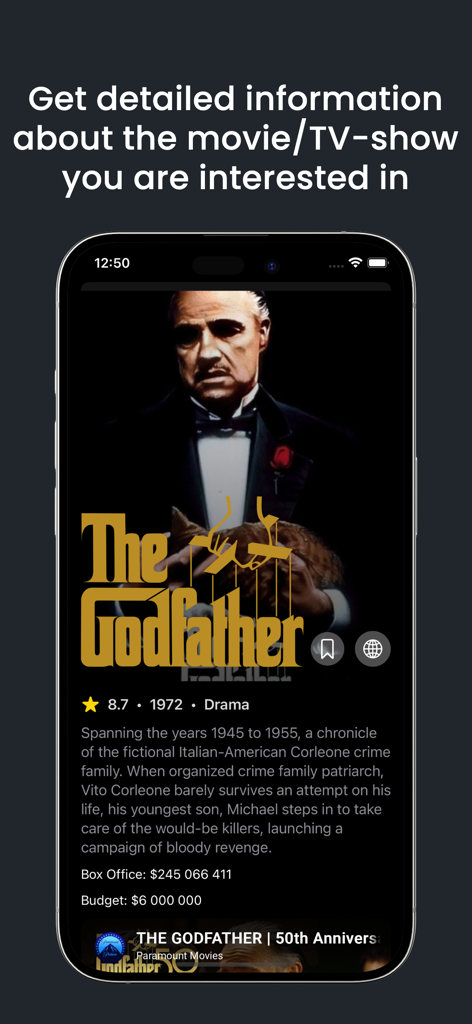 SwipeFlix - Explore New movies - Tela do aplicativo móvel SwipeFlix mostrando informações detalhadas do filme para O Poderoso Chefão