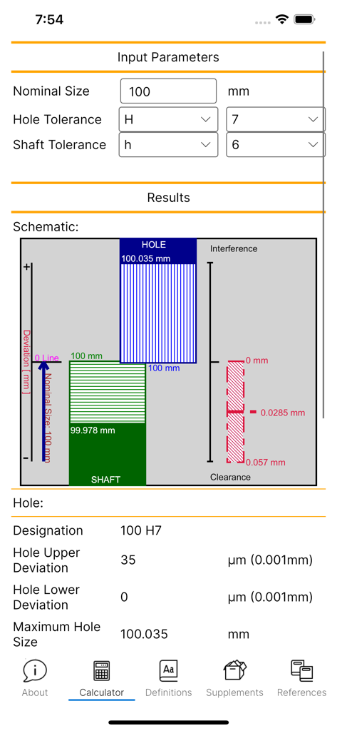 Engineering calculator interface showing schematic fit tolerance results for hole and shaft